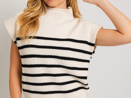 Turtle Neck Stripe Sweater Vest in Cream and Black Online Sale